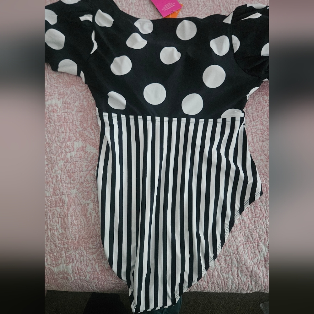 Tabitha Brown Collection - Black and White Polka Dot Stripe Kids One Piece - Picture 2 of 2